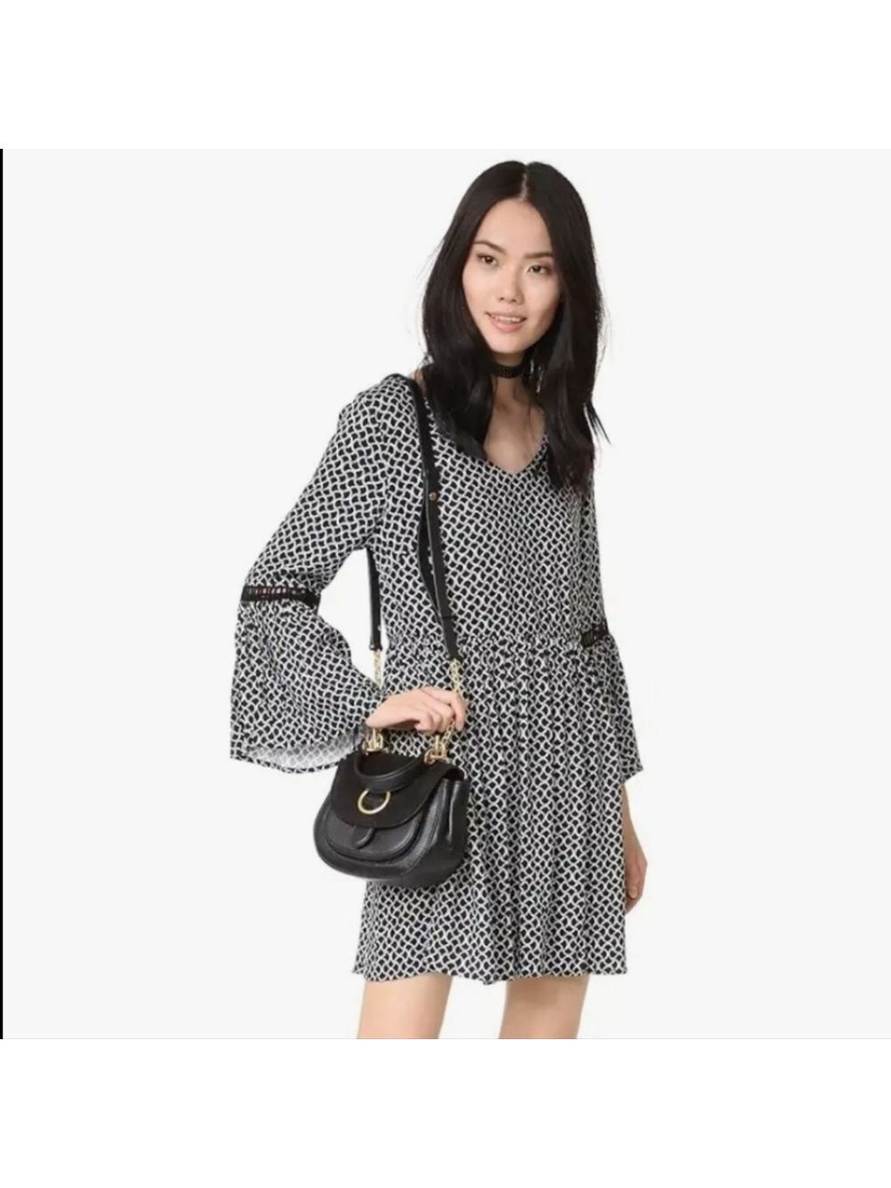 MinkPink Babydoll Boho Tunic Minidress Bell Sleeves Geometric Print Black XSmall